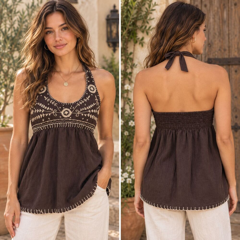 prAna Womens S Brown Embroidered Halter Tunic Top 100% Cotton Boho India